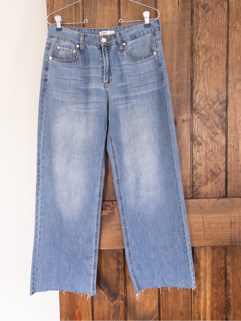 OAT New York Cloud Luxe Wide Leg Raw Hem Jeans Light Wash Size 8 29
